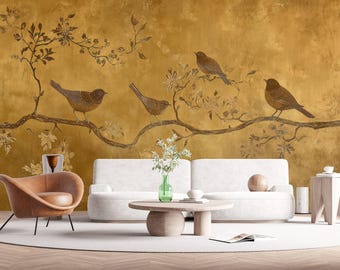 Gold Chinoiserie Wallpaper Peel and Stick, Sakura Blossom Wallpaper Mural, Japanese  Bedroom Decor,  Birds Wallpaper Accent, Tree Wall Mural