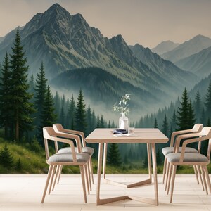 Woodland Wallpaper Mural Peel and Stick, Foggy Forest Wall Paper, Blue Mountain Wall Mural Bedroom, Landscape Nature Accent Wall Realistic image 4