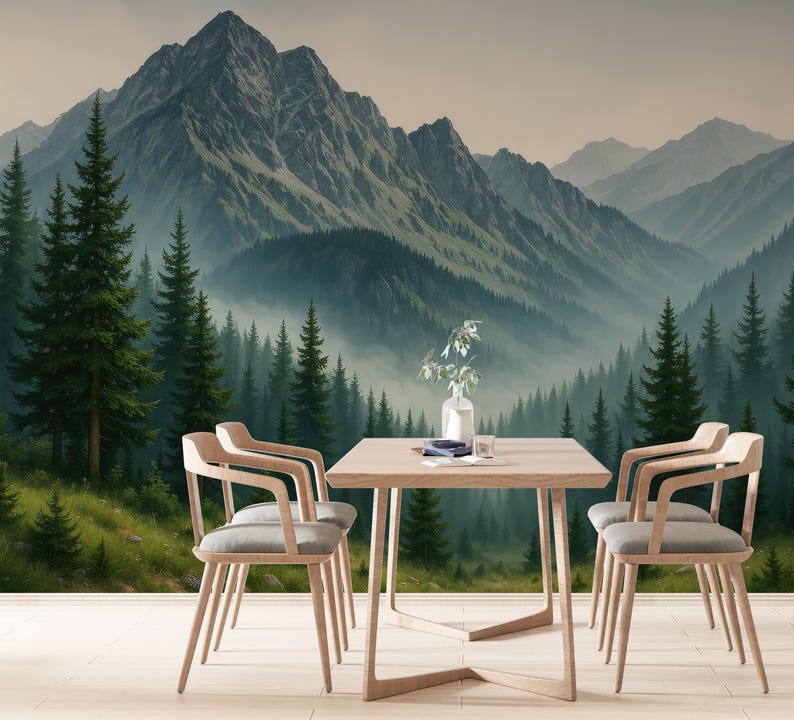 Woodland Wallpaper Mural Peel and Stick, Foggy Forest Wall Paper, Blue Mountain Wall Mural Bedroom, Landscape Nature Accent Wall Realistic image 4