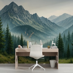Woodland Wallpaper Mural Peel and Stick, Foggy Forest Wall Paper, Blue Mountain Wall Mural Bedroom, Landscape Nature Accent Wall Realistic image 2