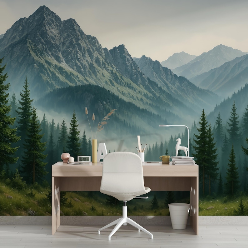 Woodland Wallpaper Mural Peel and Stick, Foggy Forest Wall Paper, Blue Mountain Wall Mural Bedroom, Landscape Nature Accent Wall Realistic image 2