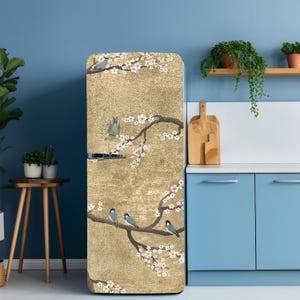 Bird Refrigerator Wraps Removable. Floral Fridge Wrap. Door Cover Fridge Sticker, Chinese Refrigerator Decal. Gold Boho Appliance Wrap.