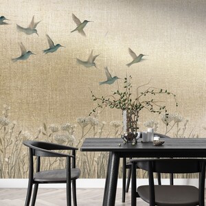 Gold Chinoiserie Tapete Schälen und Aufkleben, Kolibri Vogel Wandbild, Chinoiserie Tapete Esszimmer, Wildblumenfeld Tapetenpanel