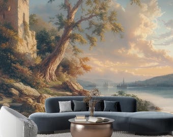 Landscape Wallpaper Mural, Scenic Nature Wall Mural Peel and Stick, Tree, Lake Wallpaper Removable, Castle Wall Paper, Painting Wall Decor
