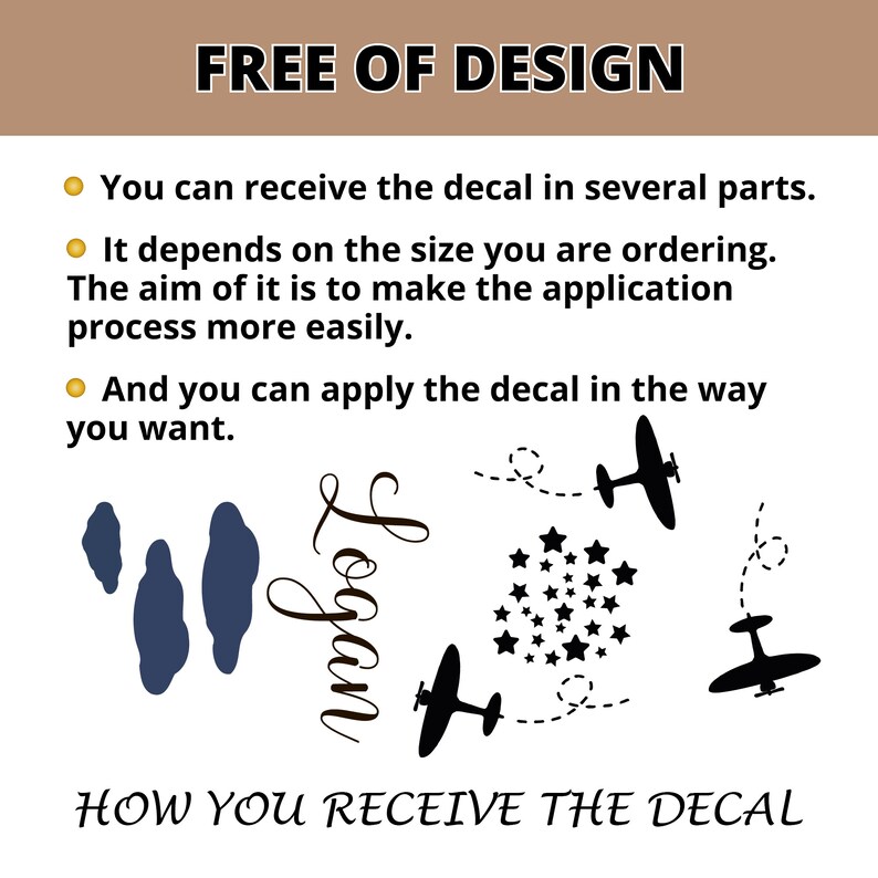 May include: Illustration showing how a decal is applied in multiple parts. The image shows a decal with the name "Logan" and a design of stars and airplanes. The text "FREE OF DESIGN" and "HOW YOU RECEIVE THE DECAL" is also included in the image.