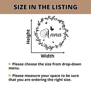 May include: Black and white image of a wreath with the name "Anna" in the center. The wreath is surrounded by butterflies. The image is used to illustrate the size of a personalized name wreath.