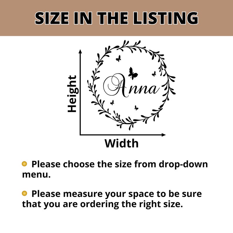 May include: Black and white image of a wreath with the name "Anna" in the center. The wreath is surrounded by butterflies. The image is used to illustrate the size of a personalized name wreath.