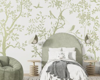 Pastel  Chinoiserie Wallpaper Bedroom Peel and Stick, Green Chinese Wallpaper Blossom Tree Wall Mural, Bird Oriental Wall Paper Asian Print