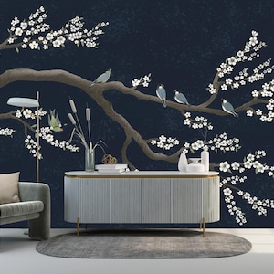 Dark Blue Chinoiserie Wallpaper Peel and Stick, Birds Cherry Blossom Wallpaper Mural, Tree Wall Mural Removable, Asian Japanese Wallpaper