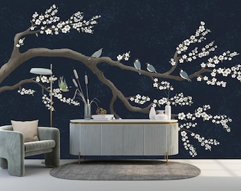 Dark Blue Chinoiserie Wallpaper Peel and Stick, Birds Cherry Blossom Wallpaper Mural, Tree Wall Mural Removable, Asian Japanese Wallpaper