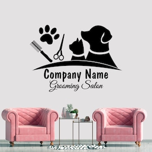 Grooming Salon Wall Decals, Personalized Company Name Wall Sticker, Pet Grooming Vinyl Decal, Pet Shop Decoration, Dogs and Cats Decor