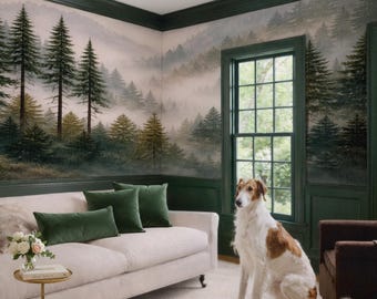 Foggy Forest Wallpaper Misty Mountain Wall Mural Peel and Stick Vintage Pine Tree Wallpaper Dark Academia Living Room Accent Wall Decor