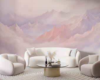Pink Ombre Mountain Wallpaper, Watercolor Mountains Pick Wall Mural Peel and Stick, Pastel Landscape Wallpaper Realistic, Nature Accent Wall
