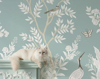 Serene Chinoiserie Wallpaper Mural – Elegant Blue Botanical Wall Art with Birds, Luxury Asian Landscape Decor Statement Wall Mural Removable