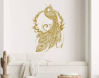 Large Peacock Wall Decals Bedroom.  Custom Peacock Wall Art Living Room. Peacock Feather Decor for Home. Tropical Decoration Accent Wall S58