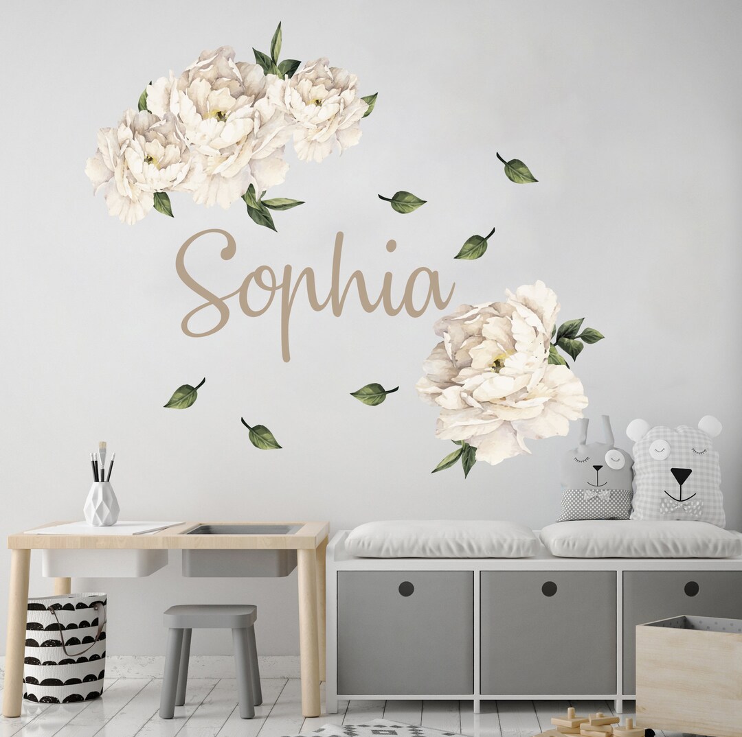 White Peony Wall Decal Girl Nursery, Personalize Name With Watercolor ...