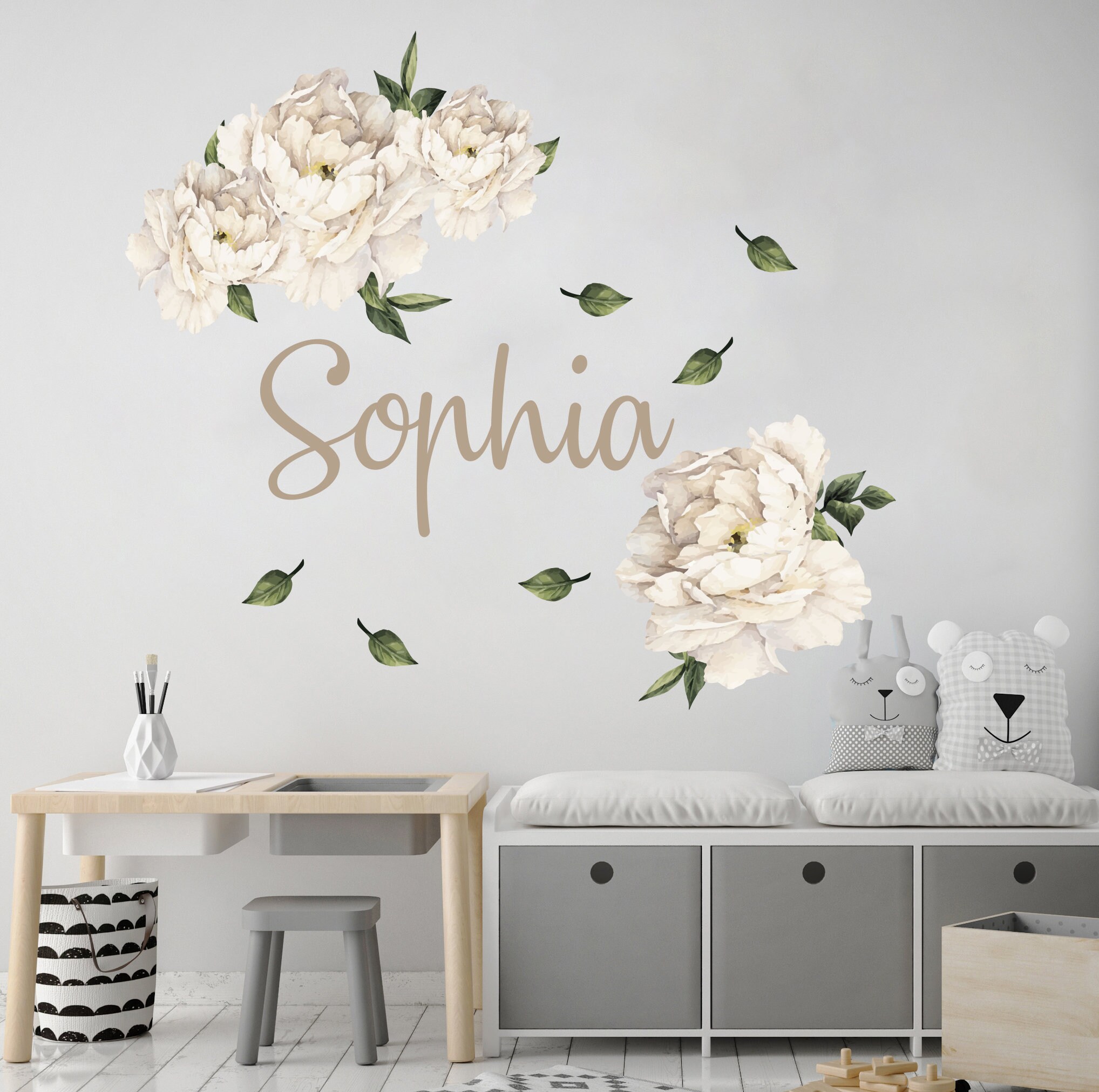 Girl Name Wall Art Nursery Peony Flower Wall Decals Peony Etsy