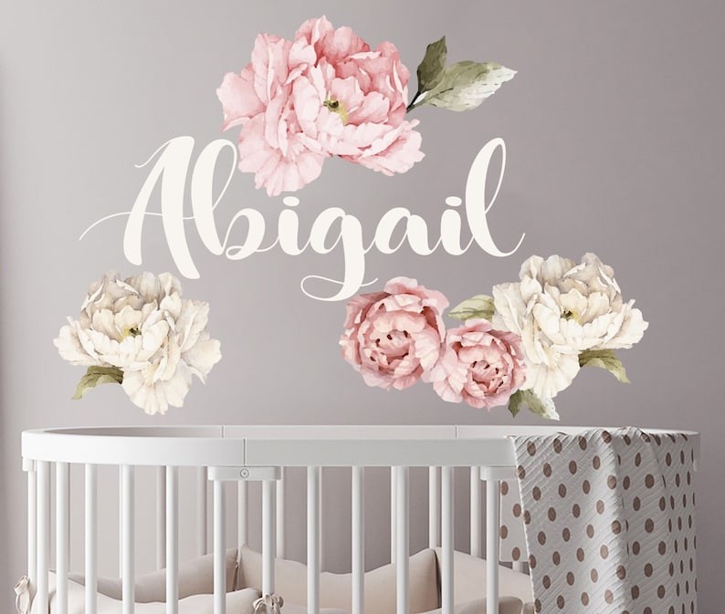 Girl Name Wall Art Nursery Peony Flower Wall Decals Etsy