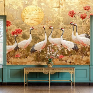 Chinese Crane Wallpaper Peel and Stick, Gold Chinoiserie Wallpaper Panel, Nature Garden Wall Mural Removable, Asian Birds Art Print Custom