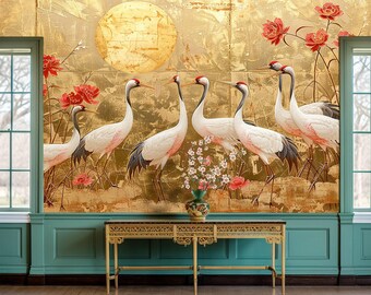 Chinese Crane Wallpaper Peel and Stick, Gold Chinoiserie Wallpaper Panel, Nature Garden Wall Mural Removable, Asian Birds Art Print Custom