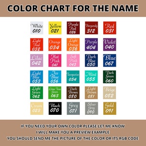 May include: Color chart with 20 color swatches, each with a name and a three-digit code. The colors include white, yellow, purple, burgundy, red, light red, orange, light orange, purple, violet, lilac, hot pink, soft pink, dark blue, blue, light blue, ice blue, turquoise, mint, dark green, light green, lime tree green, dark brown, light brown, beige, cream, black, grey, silver grey, and gold.