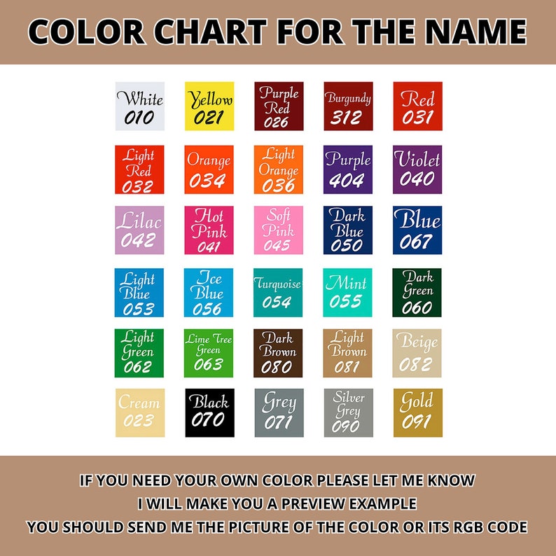 May include: Color chart with 20 color swatches, each with a name and a three-digit code. The colors include white, yellow, purple, burgundy, red, light red, orange, light orange, purple, violet, lilac, hot pink, soft pink, dark blue, blue, light blue, ice blue, turquoise, mint, dark green, light green, lime tree green, dark brown, light brown, beige, cream, black, grey, silver grey, and gold.