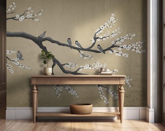 Dark Gold Chinoiserie Wallpaper Mural Peel and Stick, Sakura Cherry Branch Wallpaper Removable, Birds Wall Print, Elegant Chinese Wall Paper
