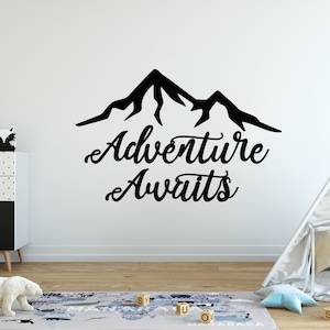 Adventure Awaits Wall Decal Kids Playroom, Baby Boy  Woodland Nursery Sticker, Mountain Decal Children Bedroom, Man Cave Decor Living Room