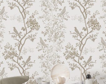 Pastel Chinoiserie Wallpaper Removable, Birds Botanical Pattern Wallpaper Peel and Stick, Mid Century, Tree Asian, Japanese Wallpaper Panel