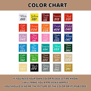 May include: Color chart with 20 different color swatches, each with a color name and a three-digit code. The colors include white, yellow, purple, burgundy, red, light red, orange, light orange, purple, violet, lilac, hot pink, soft pink, dark blue, blue, light blue, ice blue, turquoise, mint, dark green, light green, lime tree green, dark brown, light brown, beige, cream, black, grey, silver grey, and gold.