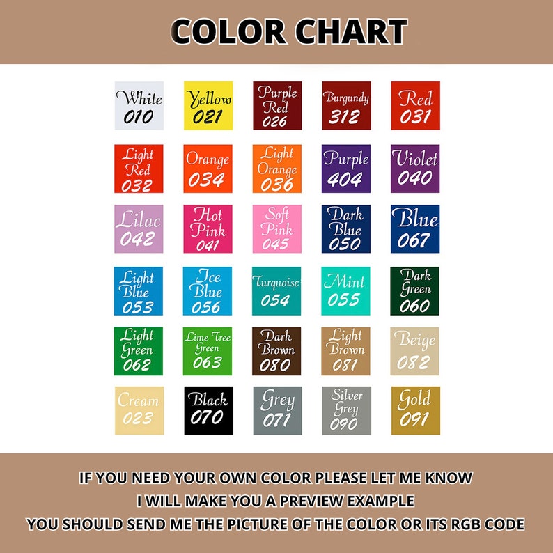 May include: Color chart with 20 different color swatches, each with a color name and a three-digit code. The colors include white, yellow, purple, burgundy, red, light red, orange, light orange, purple, violet, lilac, hot pink, soft pink, dark blue, blue, light blue, ice blue, turquoise, mint, dark green, light green, lime tree green, dark brown, light brown, beige, cream, black, grey, silver grey, and gold.
