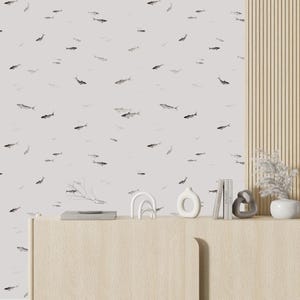 Fish Wallpaper Removable, Sea Chinoiserie Wall Mural, Grey Fish Pattern Wall Paper Dining Room, Nautical Minimalism Asian Wallpaper Fishing