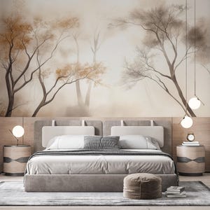 Foggy Forest Wallpaper Peel and Stick, Tree Nature Scene Wall Mural Japanese Beige Landscape Wallpaper, Pastel Woodland Wall Decor Non Woven