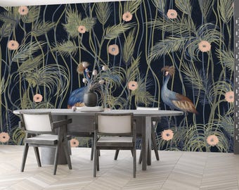 Dark Blue Chinoiserie Wallpaper Peel and Stick, Chinese Crane Wall Mural Removable, Green Tropical Wall Paper Accent Roll, Scenic Wall Print