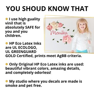 May include: A pink and white floral decal with the name "Monika" printed on it. The decal is on a white wall behind a young girl wearing a white shirt and blue jeans. The text "YOU SHOULD KNOW THAT" is at the top of the image. The text below the image describes the high quality, safe, and eco-friendly materials used to make the decals.
