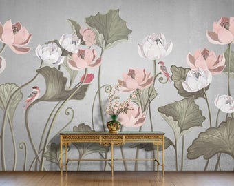 Pastel Watercolor Chinoiserie Wallpaper Peel and Stick, Water Lily Flowers Wall Mural Removable, Pink Grey Floral Wallpaper Non Woven Roll