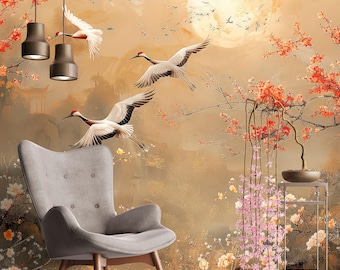 Gold Chinoiserie Wallpaper Mural with Heron Birds,  Chinese Crane Wallpaper Peel and Stick, Asian Accent Wall Art, Sakura Flowers Print