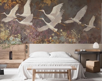 Dark Chinoiserie Wallpaper Mural, Crane Wallpaper Peel and Stick, Japanese Cranes Bird Wall Paper Accent, Floral Nature Wallpaper Panel