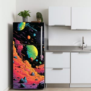 Space Fridge Wrap Vinyl, Planet Art Modern Refrigerator Decal Removable, Kitchen Fridge Decoration, Mini Fridge Decal Door Cover Sticker