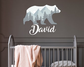 Custom Bear Wall Decal Boy Nursery / Personalize Name Wall Sticker Baby Room / Forest Animal Woodland Bedroom Decor / Grey Mountain  VL23