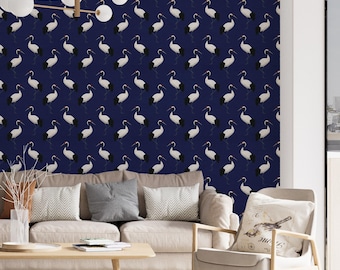 Navy Blue Chinoiserie Wallpaper with Heron Pattern, Asian Crane Bird Wallpaper Peel and Stick, Wall Paper Roll Mid Century Style for Bedroom