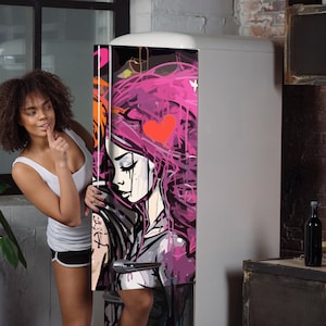 Graffiti Refrigerator Vinyl Wrap, Colorful Modern Women Moody Mini Fridge Skin Decal, Decorative Fridge Sticker Peel & Stick, Kitchen Decor