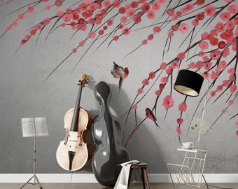 Sakura Blossom Wallpaper zum Schälen und Aufkleben, Chinoiserie-Tapetenwandbild, Vogel-Tapetenpanel, Dunkelgrau-Rosa-Blumentapete entfernbar