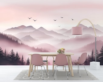 Pastel Mountain Wallpaper Mural Peel Stick, Watercolor Woodland Wall Paper, Foggy Forest Wallpaper Realistic, Landscape Nature Accent Wall