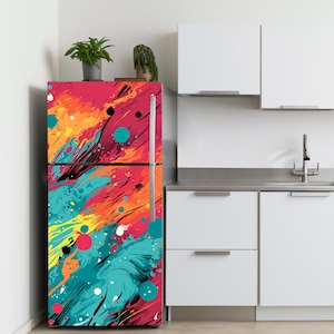 Colorful Fridge Wrap Vinyl Decal, Splash Art Modern Refrigerator Decal Removable, Kitchen Fridge Decoration, Mini Fridge Door Cover Sticker