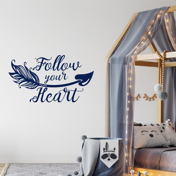 Follow Your Heart Wall Vinyl Decal Nursery Quotes Sticker Bohemian Decor for Kids Baby Room Boho Wall Art Arrow Decal Bedroom Decor S4