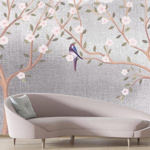 Pastel Chinoiserie Wallpaper Peel and Stick, Tree and Birds Wall Mural Bedroom, Japanese Garden Accent Wall Grey Botanical Floral Wall Paper