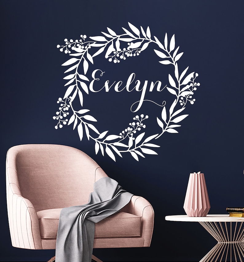 Personalized Wall Decal Name Decal Girls Nursery Decal Name Sticker Twig Grapevine Wreath Decal Rustic Nursery Decal Name Vinyl Decal S354