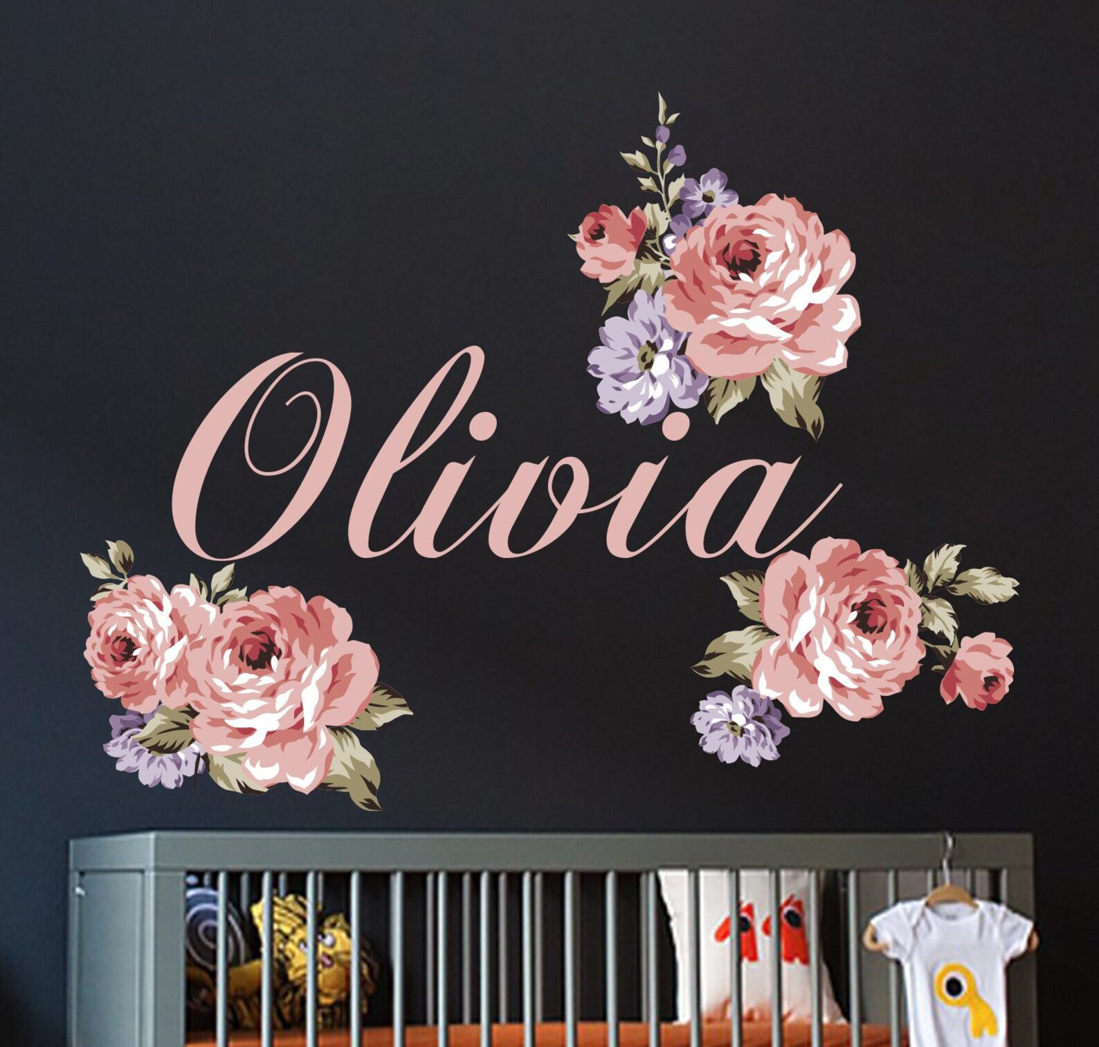 Girl Name Wall Stickers Nursery Rose Peony Wall Decals - Etsy