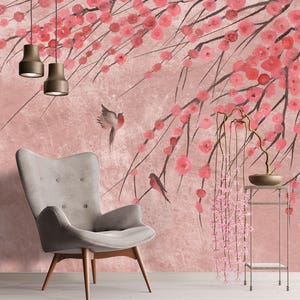 Pastel Rose Chinoiserie Wallpaper, Pink Sakura Wall Mural Peel and Stick, Flower Blossom Branch Wall Decor, Asian Garden Wall Decor Birds